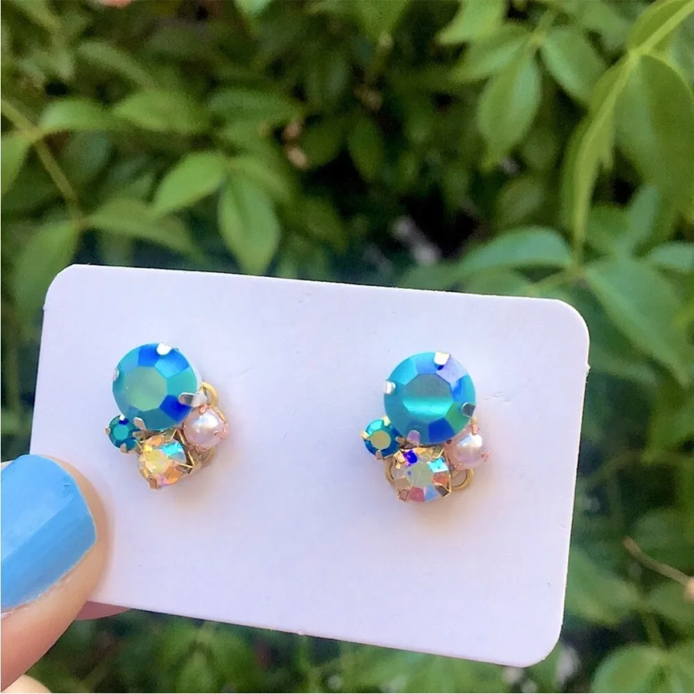 Iridescent Turquoise, Sapphire Aurora Borealis + Pearl Gold Earrings